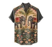 Retro Africano Atardecer Elefante impresión de la Camisa artística de la Vida Silvestre Safari Inspirado Manga Corta botón Casual Arriba Ligera Naturaleza Tema de la Camisa de Verano Las Vacaciones