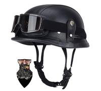Retro Alemán Estilo Cuero Moto Medio Casco, Casco de protección de Cuero para Motocicleta con Gafas, Cascos de Cara Abierta Vintage para Hombres ECE 22-06 Homologado(55~64cm)