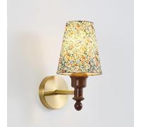 Retro Antique Brass Wall Sconce Lighting Nordic Wood Wall Lamp with Colorful Fabric Shade, Mid Century Brushed Gold Metal Wall Light Fixture Cylindrical Printed Floral Fabric Art