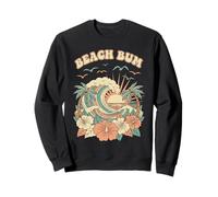 Retro Beach Bum de los 70, Vintage, con Olas, Puesta de Sol, Flor de Hibisco, Estilo Bohemio Sudadera