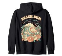 Retro Beach Bum de los 70, Vintage, con Olas, Puesta de Sol, Flor de Hibisco, Estilo Bohemio Sudadera con Capucha