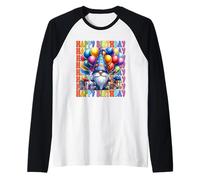 Retro Birthday GNOME with Colorful Balloons Happy Birthday Camiseta Manga Raglan