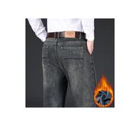 (Retro blue, 34) Men's Clothing Winter Wool Lining Thickened Jeans Classic Men's Loose Straight Fleece Warm Business Casual Trousers