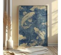 Retro Blue Japanese Koi Canvas Painting Printing Minimalist Wall Art Poster Modern Aesthetic Living Room Home Decor(50x70cm/Frameless)