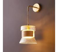 Retro Brass Wall Sconce Cylinder Glass Wall Lamp In Striped Finish,Japanese Style Solid Wood Art Wall Lighting Fixture, Nordic Cylindrical Transparent Glass Sconces E27
