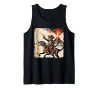 Retro Caligrafía Gato Dinosaurio Erupción Volcánica Arte Japón Camiseta sin Mangas