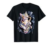 Retro Cat Playing Saxophone Jazz Music Lover Funny Art Camiseta