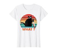 Retro Cat What? Divertido Gato Negro Asesino Gato con Cuchillo Camiseta gráfica económica, Mujer, Blanco, M