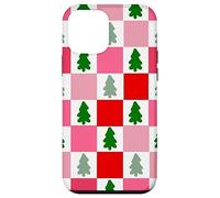 Retro Christmas Trees in Red and Pink Checkered Pattern Carcasa para iPhone 12 Mini