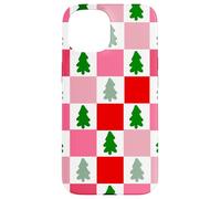 Retro Christmas Trees in Red and Pink Checkered Pattern Carcasa para iPhone 15