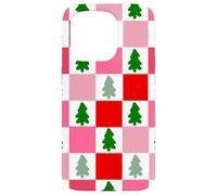 Retro Christmas Trees in Red and Pink Checkered Pattern Carcasa para iPhone 15 Pro