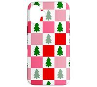 Retro Christmas Trees in Red and Pink Checkered Pattern Carcasa para iPhone 16 Plus