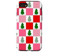 Retro Christmas Trees in Red and Pink Checkered Pattern Carcasa para iPhone SE (2020) / 7/8