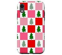 Retro Christmas Trees in Red and Pink Checkered Pattern Carcasa para iPhone XR
