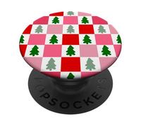 Retro Christmas Trees in Red and Pink Checkered Pattern PopSockets PopGrip Adhesivo