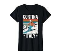 Retro Cortina Italy Ski Resort, Diversión Esquí de Montaña Camiseta, Mujer, Negro, XS