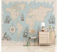 Retro Creativo Velero Océano Mapa Del Mundo 3D Papel Pintado Pared Fácil Instalación Oficina Sala Estar Sofá Dormitorio TV Fondos Decoración-300cm×210cm