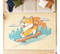 Retro & Elegante Alfombra Fina de 80 x 150 cm | Beige Claro Shaggy Alfombras Salon para Pasillo Oficina Lavandería Habitación Niños | Dibujo Animado Adorable Shiba Inu Skateboard Felpudo Microfibra