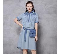 Retro Embroidery Turn-Down Collar Short Sleeve Fashion Stripe Dress Loose Comfortable Women Dresses (Color : Blue Size : M Code) (Blue L Code)