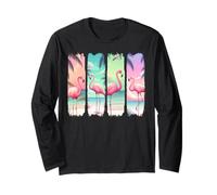 Retro Flamingo Summer Vibes Tropical Beach Sunset Manga Larga