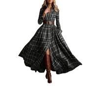 Retro French Check Flowy A-Line Dress with Puff Sleeves and Square Neck Midi Length(XL)
