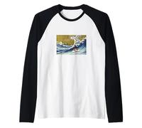 Retro Funny Guinea Pig Surfing a Great Wave Kanagawa Hokusai Camiseta Manga Raglan