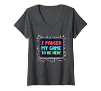 Retro Gamer Pixel Art: He pausado mi Juego para Estar aquí Camiseta Cuello V, Mujer, Jaspeado Oscuro, L