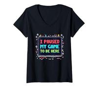 Retro Gamer Pixel Art: He pausado mi Juego para Estar aquí Camiseta Cuello V, Mujer, Negro, XL