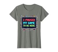 Retro Gamer Pixel Art: He pausado mi Juego para Estar aquí Camiseta, Mujer, Verde Militar Jaspeado, XL