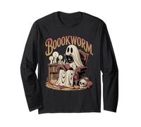 Retro Gato Fantasma Leyendo Libros Bibliotecario Profesor Halloween Manga Larga