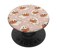 Retro Ghost Reading Books Cute Groovy Spooky Beige Orange PopSockets PopGrip Adhesivo
