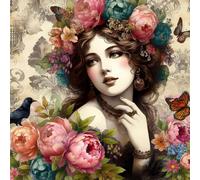 Retro Girl and Flower 5D DIY - Kit de pinturas de diamante redondas con