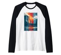 Retro Glitch Paisaje Montaña Vintage Diseño Al Aire Libre Camiseta Manga Raglan