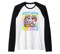 Retro Groovy Pastel Easter Vibes Bunny Checkered Mujeres Niñas Camiseta Manga Raglan