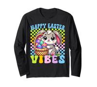 Retro Groovy Pastel Easter Vibes Bunny Checkered Mujeres Niñas Manga Larga