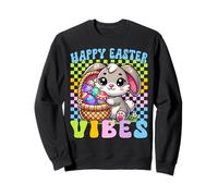 Retro Groovy Pastel Easter Vibes Bunny Checkered Mujeres Niñas Sudadera