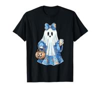 Retro Halloween Blue Denim Fantasma Bebiendo Café Helado Mujer Camiseta