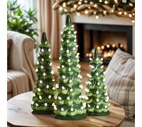 Retro Hand-Painted Tabletop Christmas Trees with Timer, Ceramic Christmas Trees That Light Up, Hand-Painted Desktop Decoration for Home, Fireplace and Festival Decoration(Warm White 3 Sets)