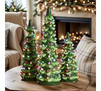 Retro Hand-Painted Tabletop Christmas Trees with Timer, Ceramic Christmas Trees That Light Up, Hand-Painted Desktop Decoration for Home, Fireplace and Festival Decoration(Multicolor 3 Sets)