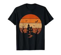 Retro Haunted House Halloween Espeluznante Atardecer murciélagos Camiseta