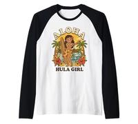 Retro Hawaii Aloha Hula Girl Tabla de Surf Tropical Playa Atardecer Camiseta Manga Raglan