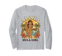 Retro Hawaii Aloha Hula Girl Tabla de Surf Tropical Playa Atardecer Manga Larga