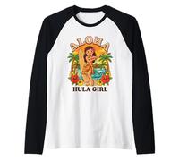 Retro Hawaii Hula Girl Aloha Tabla de Surf Tropical Playa Atardecer Camiseta Manga Raglan