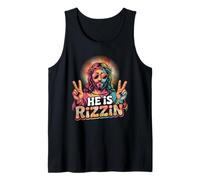 Retro He s Rizzin Jesus Has Rizzen Peace Sign Christian Camiseta sin Mangas