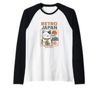 Retro Japón Lucky Cat Spirit Charm Ilustración Camiseta Manga Raglan