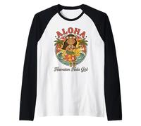 Retro Kawaii Hula Girl Aloha Tropical Playa Atardecer Hawaii Camiseta Manga Raglan