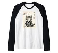 Retro Kawaii Samurai Cat Sakura Arte Vintage Japonés Camiseta Manga Raglan