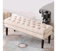 Retro Madera Maciza Extremo De Banco De Cama para Dormitorio,Botón Lino Tapizado Asiento De Banco Otomano,Cómodo Acento Banco De Zapatos Multifunción Banco De Sofá-Beige 80x40x45cm(31x16x18i