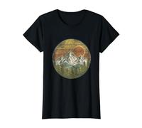 Retro Montañas Bosque Naturaleza Puesta de Sol Vintage Senderismo Camiseta gráfica económica, Mujer, Negro, S