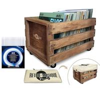 Retro musique Caja de almacenamiento de discos de vinilo LP de madera de 12 pulgadas con ruedas | Capacidad para hasta 100 álbumes (en fundas de PVC) con cubierta de tela de arpillera | Hecho de
